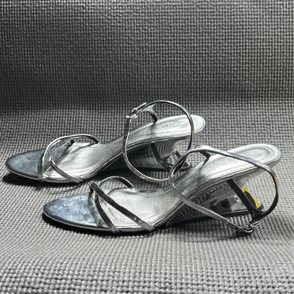 Zara Sandals Women 41 Silver Metallic Strappy Wedge Mirror Heel Y2K Retro Chrome